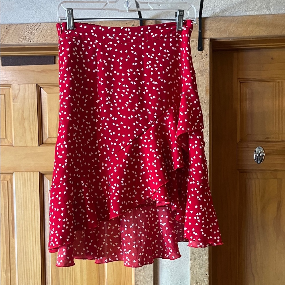 Red Heart Print Ruffle Hem Skirt